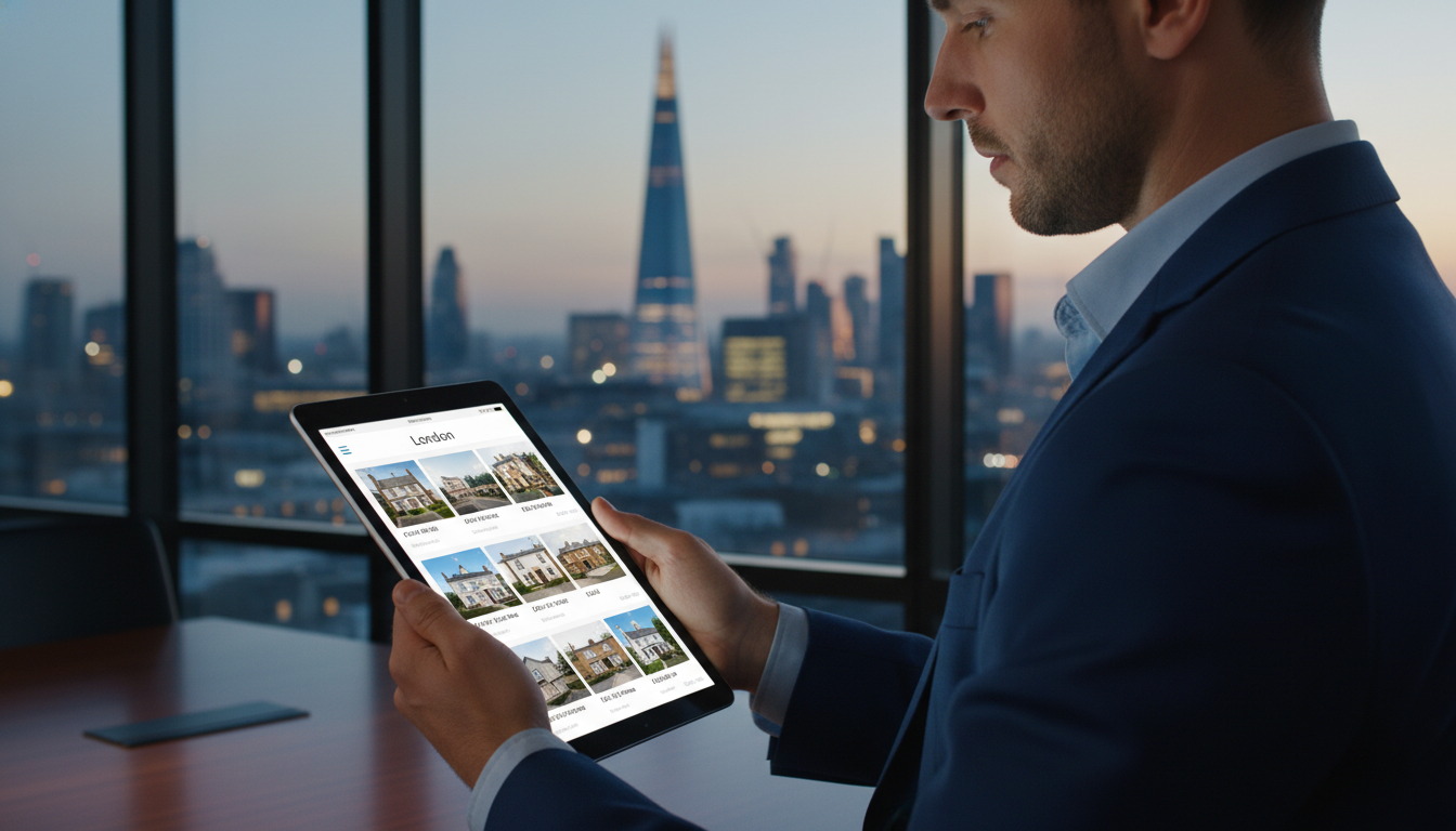 A professional person looking at a digital tablet showing UK property listings with a blurred cityscape of London in the background, professional and aspirational lighting, high quality photography