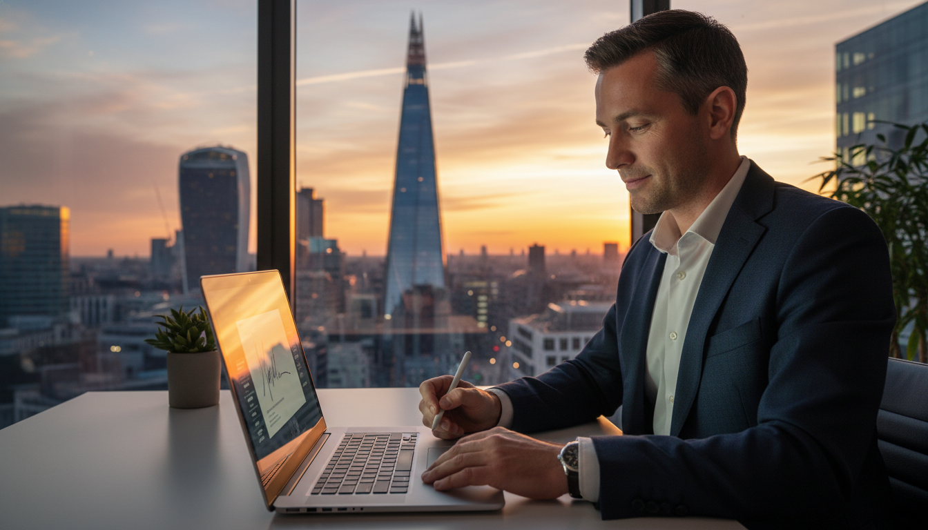 A professional expat entrepreneur signing digital documents on a high-end laptop with a panoramic view of the London skyline and the Gherkin building through a modern office window during sunset.