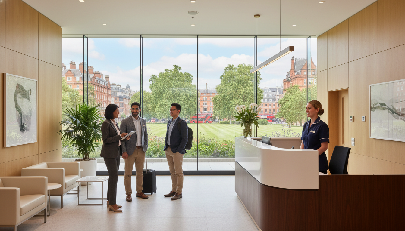 A professional and clean modern private hospital reception in London with a view of a city park through the large glass window, featuring diverse expats talking to a friendly receptionist in a calm and high-end atmosphere.