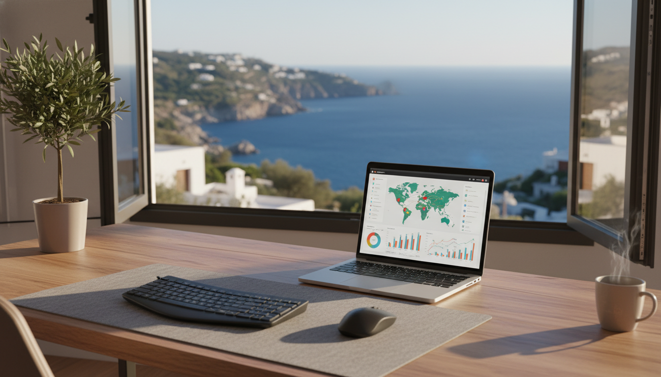 A professional home office setup overlooking a Mediterranean coastline, featuring a laptop displaying a vibrant CRM dashboard with global map analytics, high-quality photography style.
