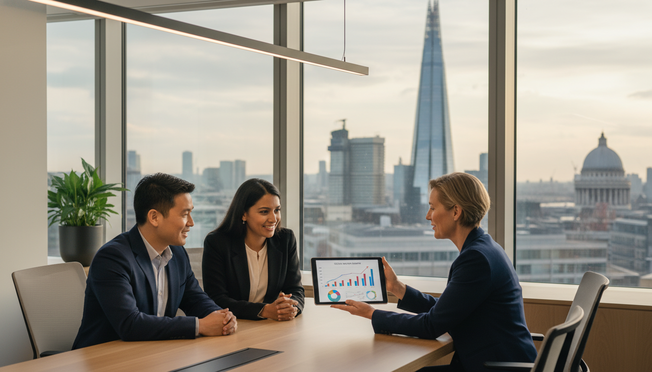 A professional financial advisor sitting with a diverse expat couple in a bright, modern London office. Large windows show the London skyline with the Shard in the distance. They are looking at a digital tablet displaying global wealth growth charts. Photorealistic style, cinematic lighting.