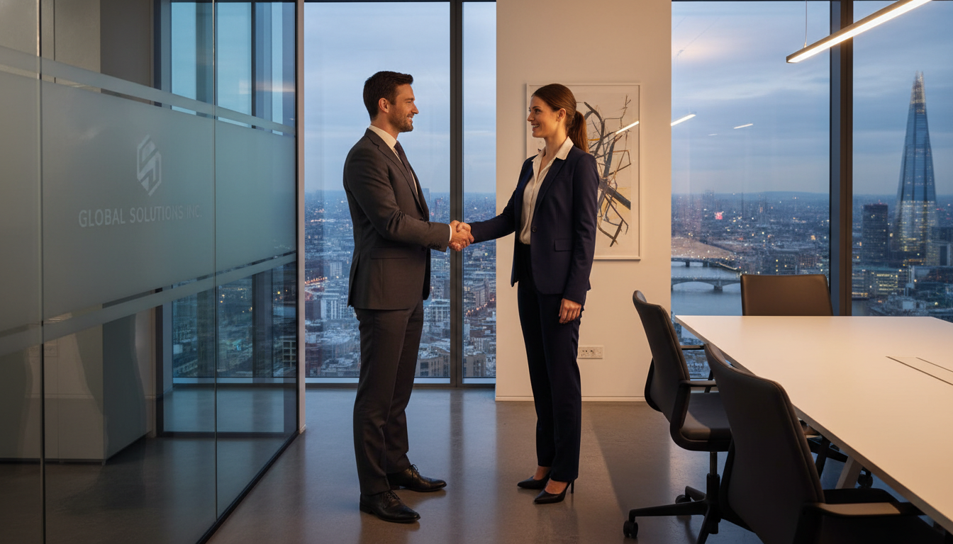 A professional businessman and businesswoman shaking hands in a high-rise office overlooking the London skyline with the Gherkin and Shard visible, cinematic lighting, corporate setting