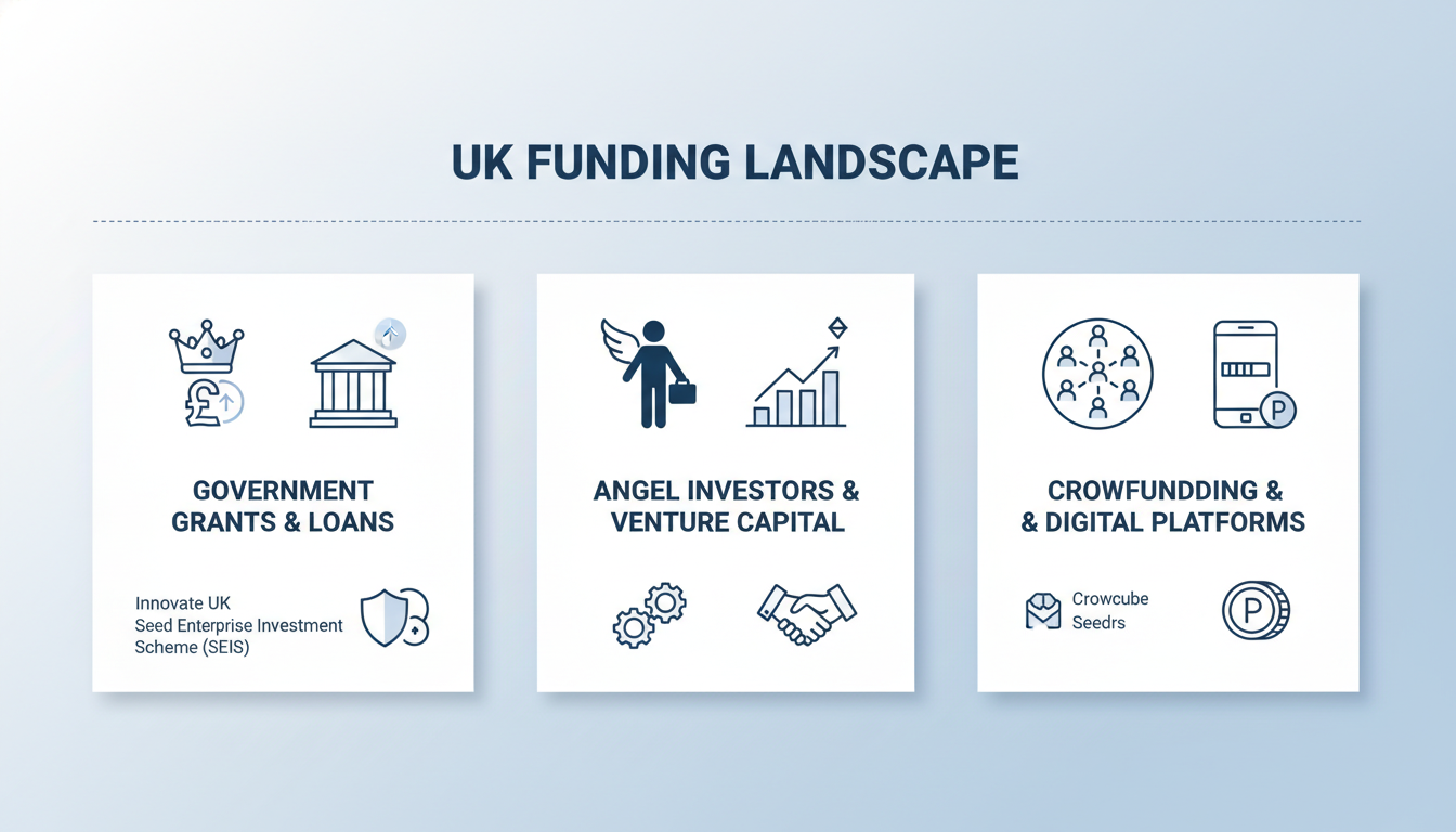 A professional infographic showcasing various funding sources in the UK like government icons, angel investor silhouettes, and digital crowdfunding symbols, clean flat design with a soft blue and white color palette.