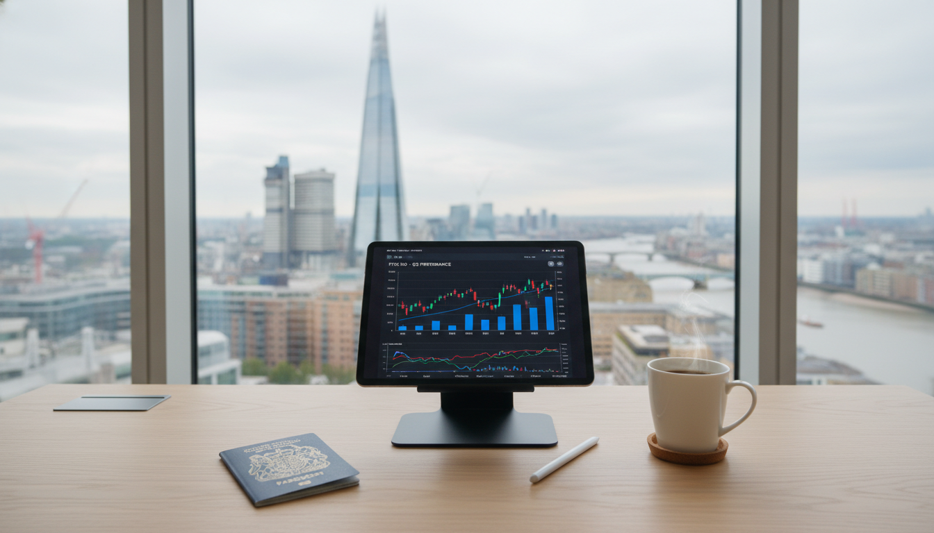 A professional desk setup in a bright, modern office with a view of the London Shard through the window. On the desk sits a tablet showing a complex financial graph, a British passport, and a cup of coffee. The atmosphere is calm and sophisticated.