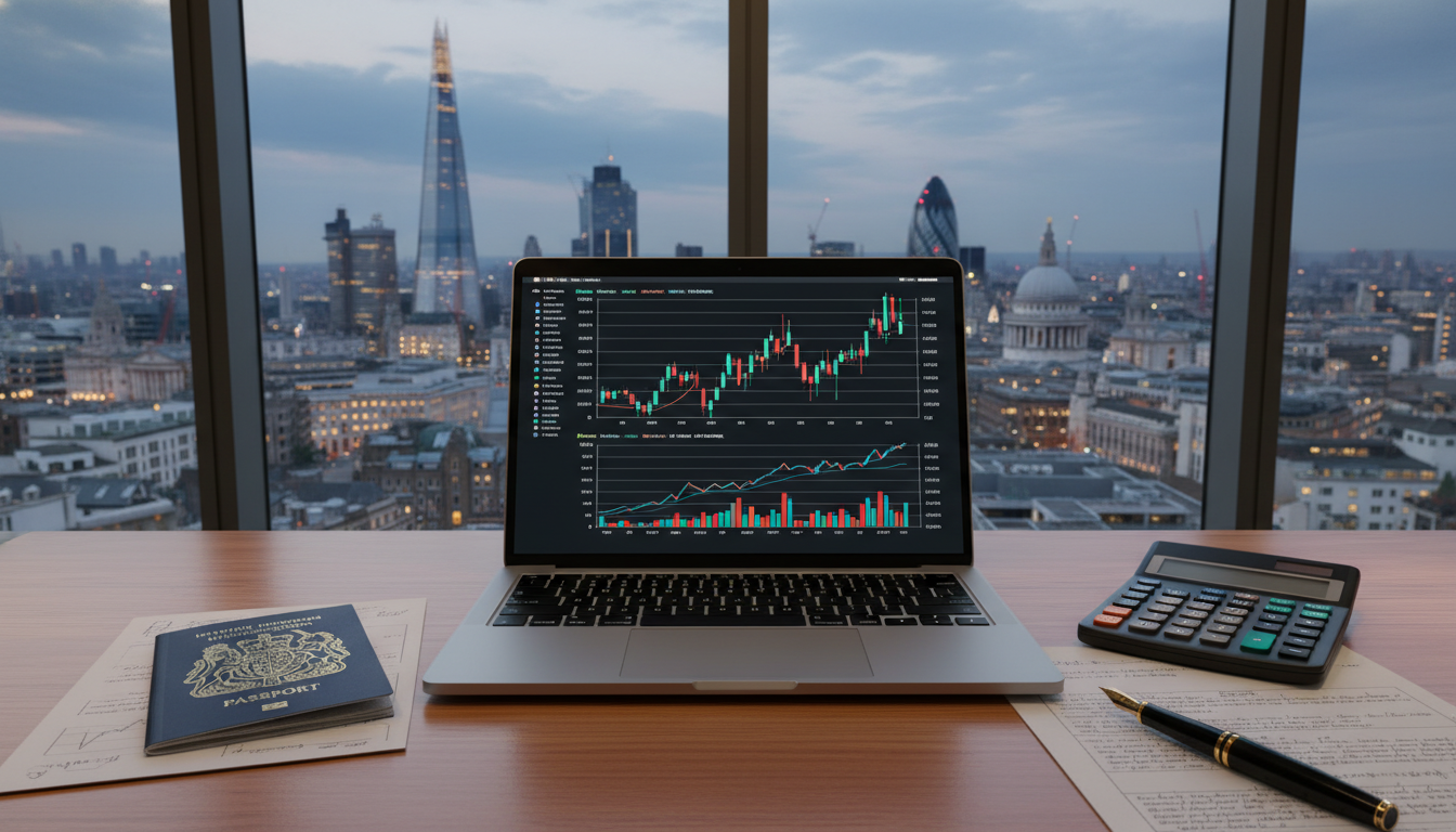 A professional desk setting featuring a high-end laptop showing financial charts, a British passport, a calculator, and a view of the London skyline through a large window, suggesting a blend of international travel and professional financial management.