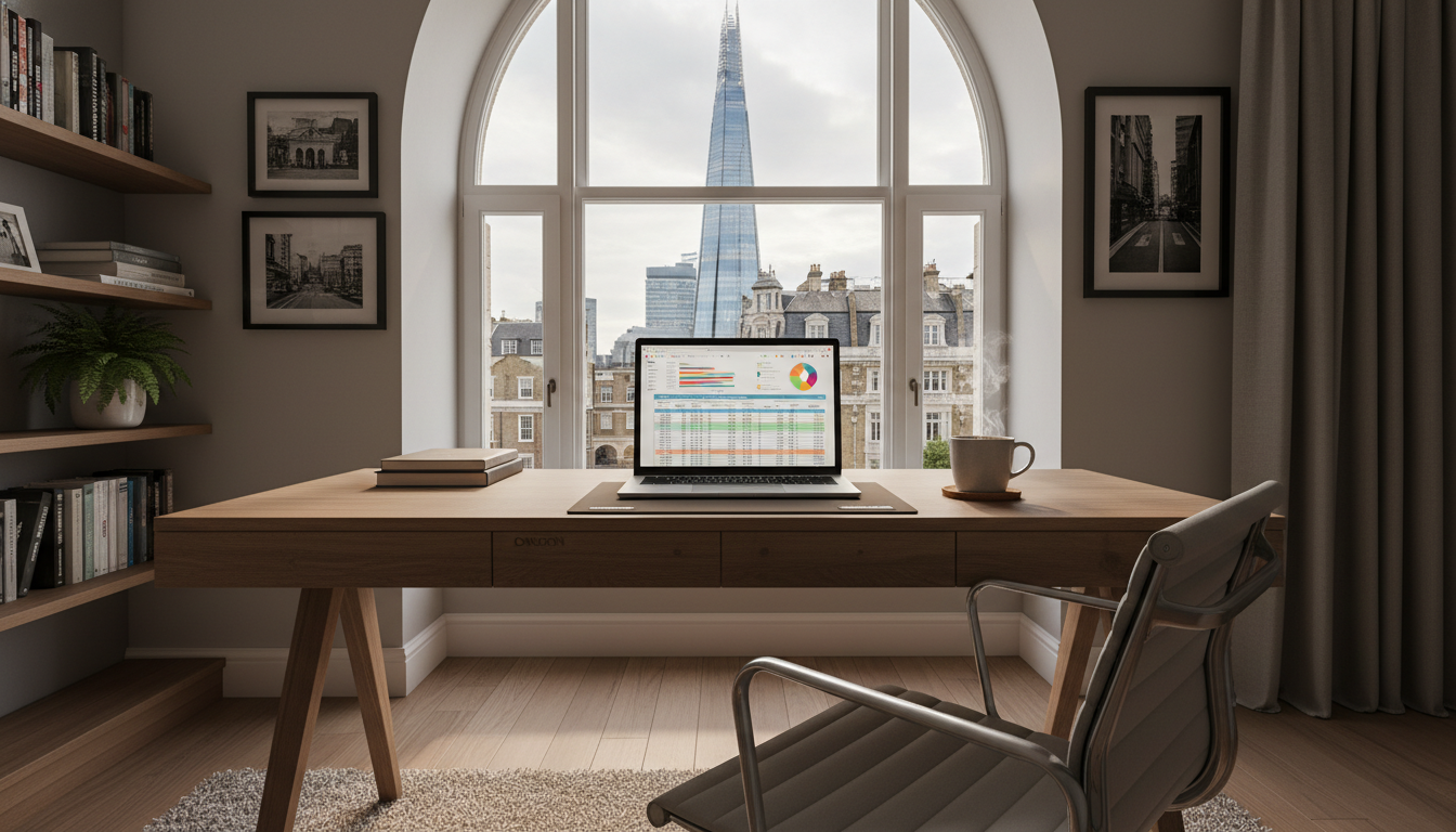 A professional home office setting in a London apartment with a view of the Shard through the window, featuring a sleek laptop displaying complex financial spreadsheets and a warm cup of coffee on a wooden desk.