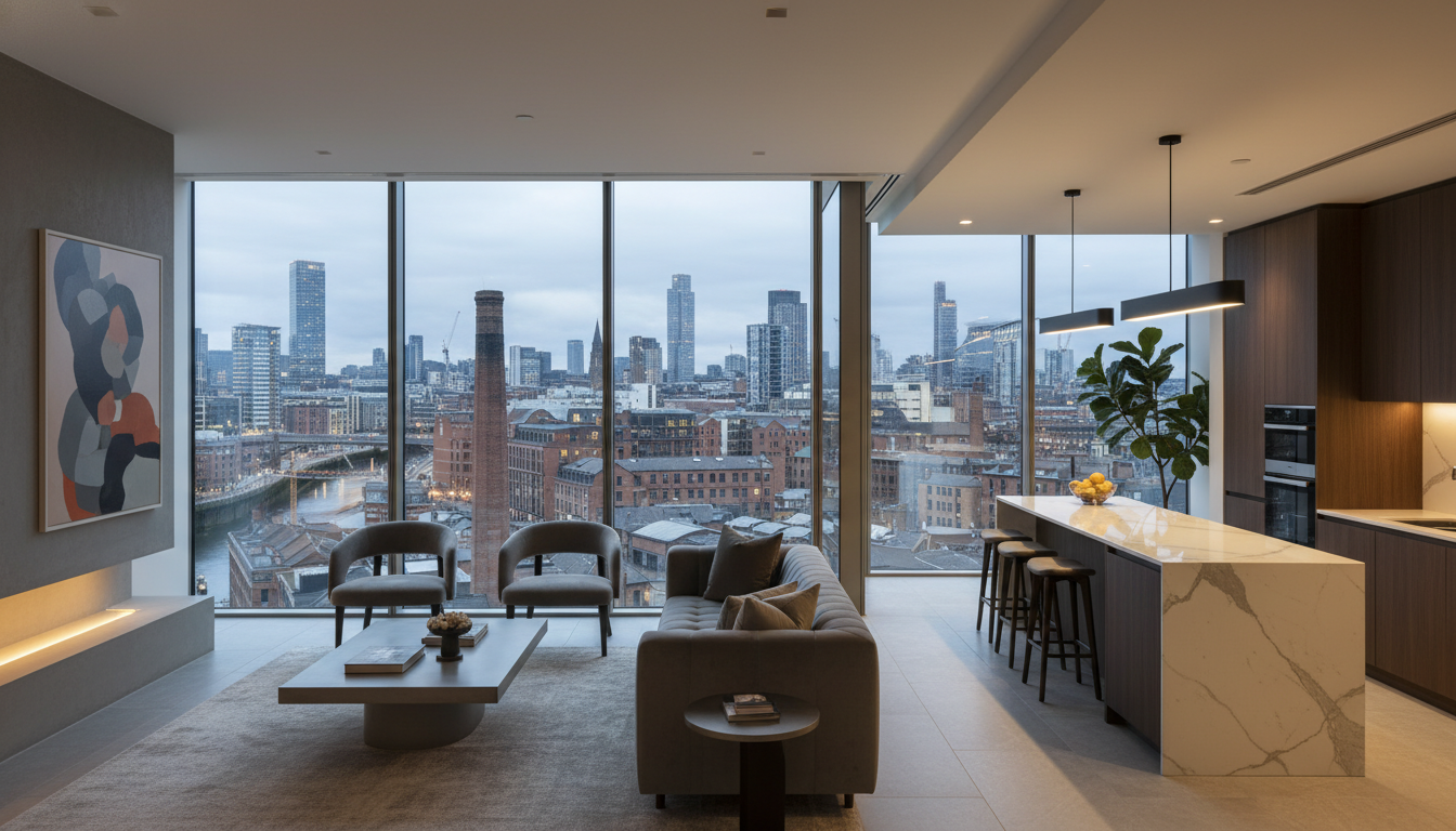 A high-end, modern apartment interior with floor-to-ceiling windows overlooking the Manchester skyline at dusk, blending industrial heritage with sleek contemporary architecture.