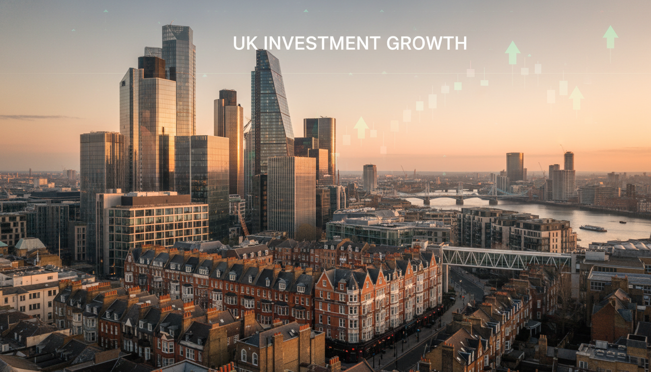 A wide-angle, high-quality photograph of a modern London skyline merging with traditional Victorian brick houses, symbolizing the blend of old and new investment opportunities in the UK, soft morning sunlight, 8k resolution.